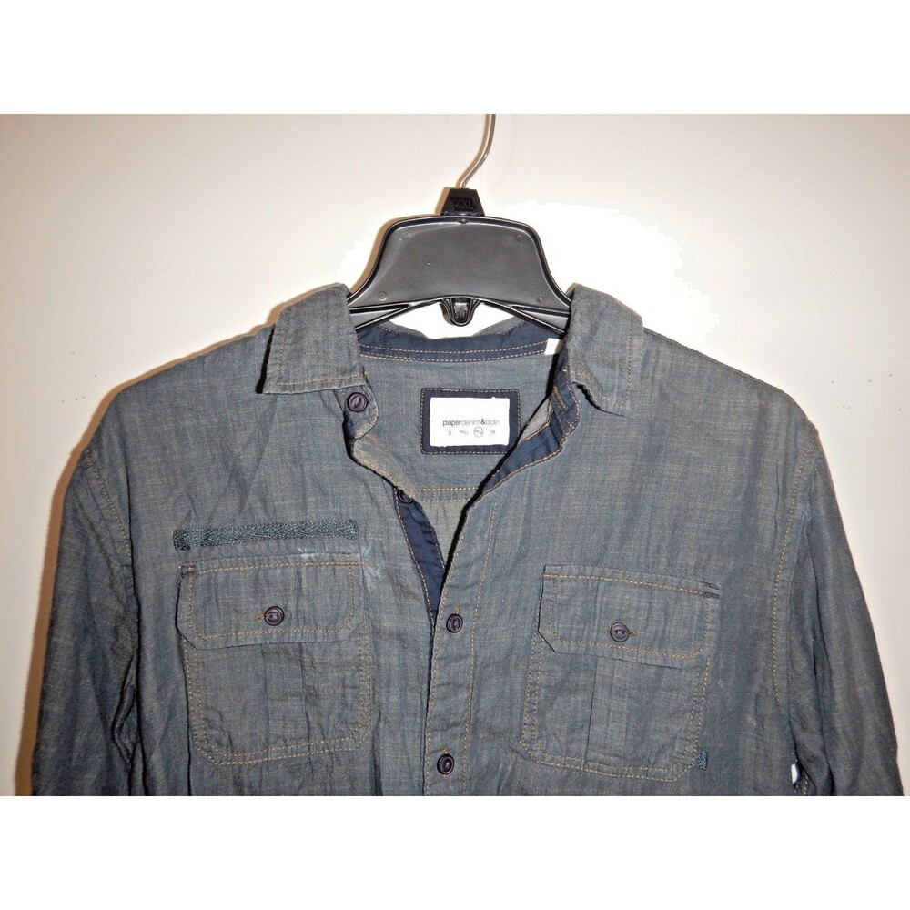 Paper Denim & Cloth Boys Chambray Button Shirt Gray Olive Size 14/16